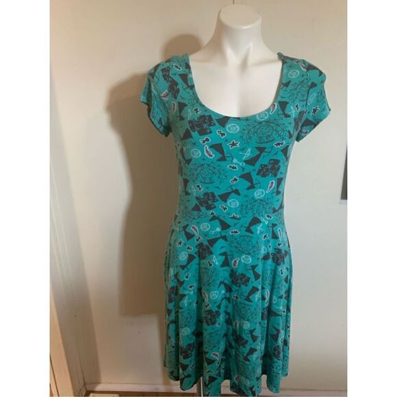 Disney Women's Short Sleeve Criss Cross Back A-Line Dress Green Black Size Large - Picture 1 of 10